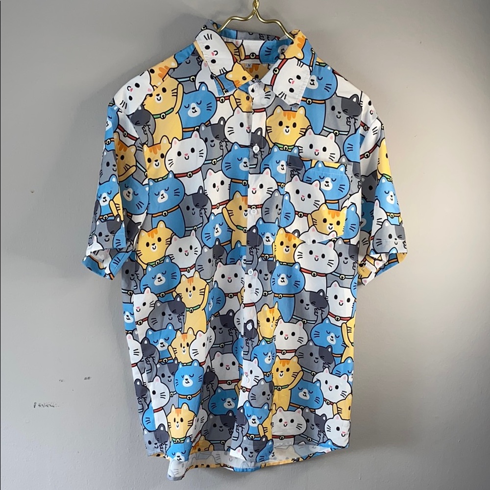 Blue and Yellow Casual Button Down Shirt with Playful Print - Picture 1 of 9